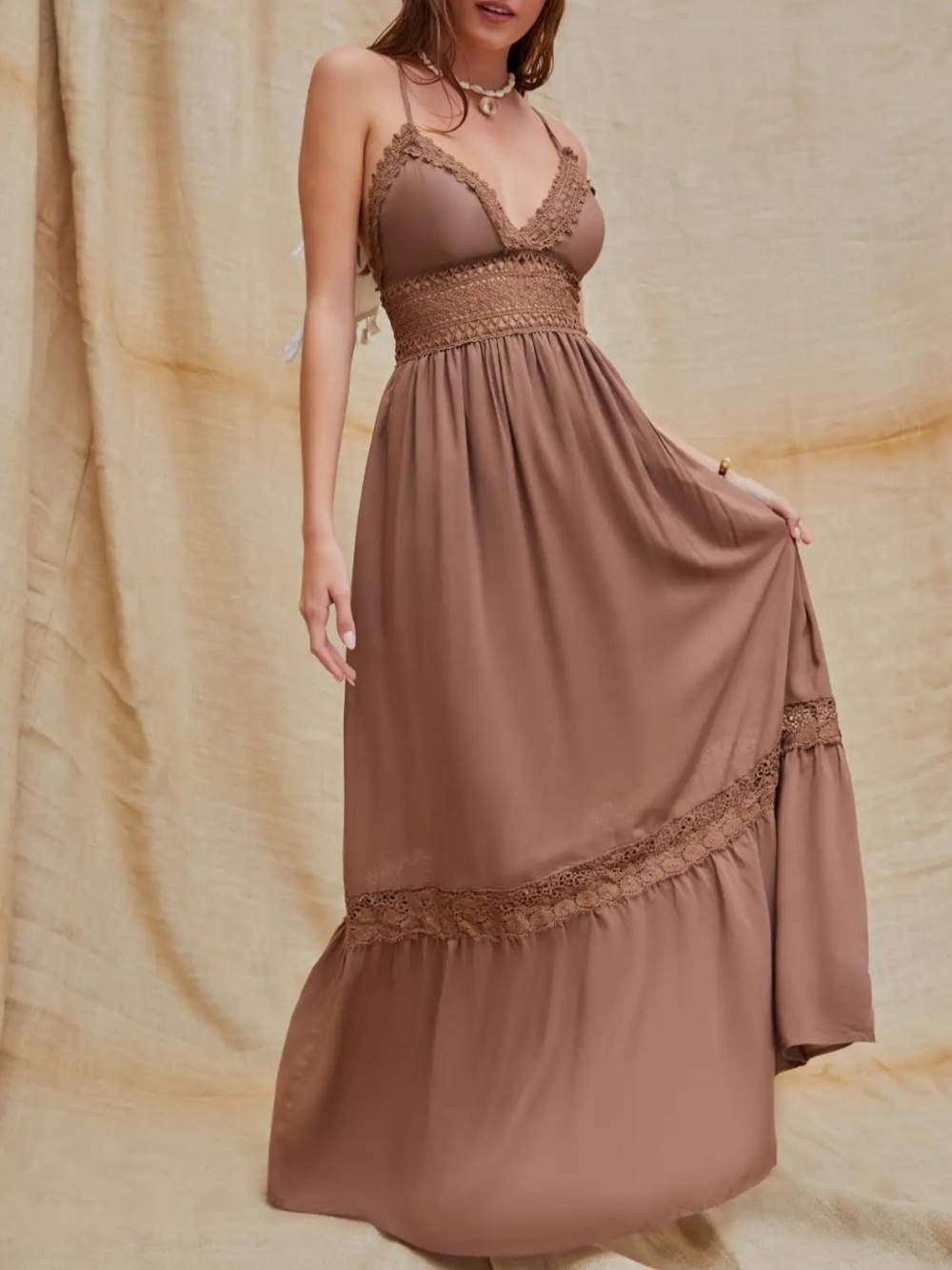 Cider Chocolate Brown Boho Crochet-Trim Maxi Dress, size Small - Picture 2 of 8